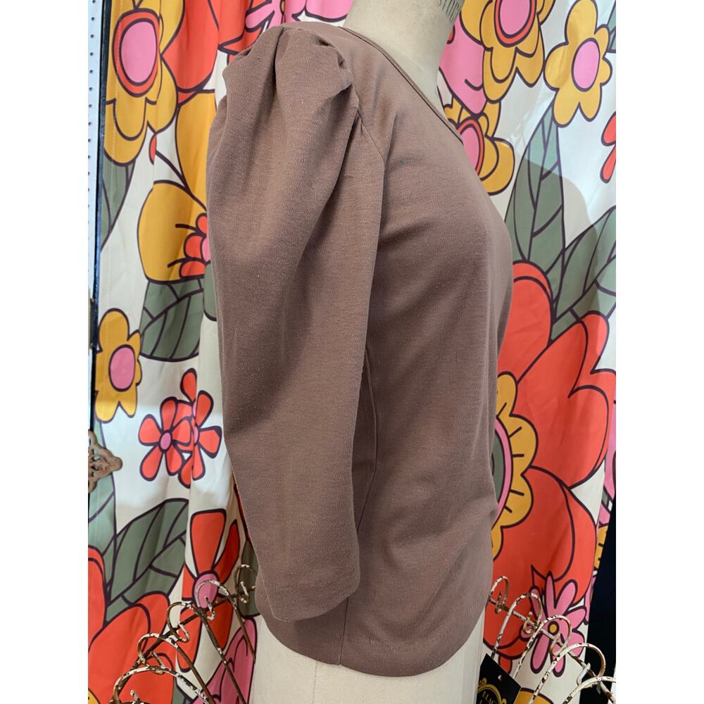 vintage 1970s puff sleeve applique top brown 70s t-shirt small gathered shoulder - Picture 4 of 8